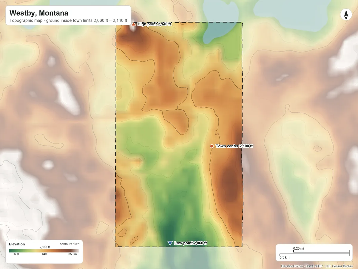 Topographic elevation map of Westby, Montana, shaded from 2,060 ft on the southwest side to 2,140 ft on the northwest side