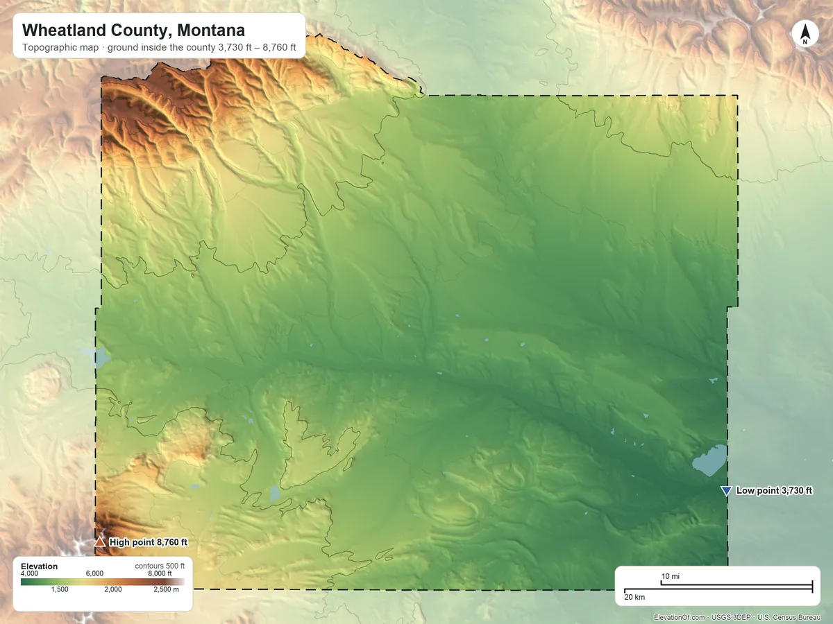 Topographic elevation map of Wheatland County, Montana, shaded from 3,730 ft on the southeast side to 8,760 ft on the southwest side