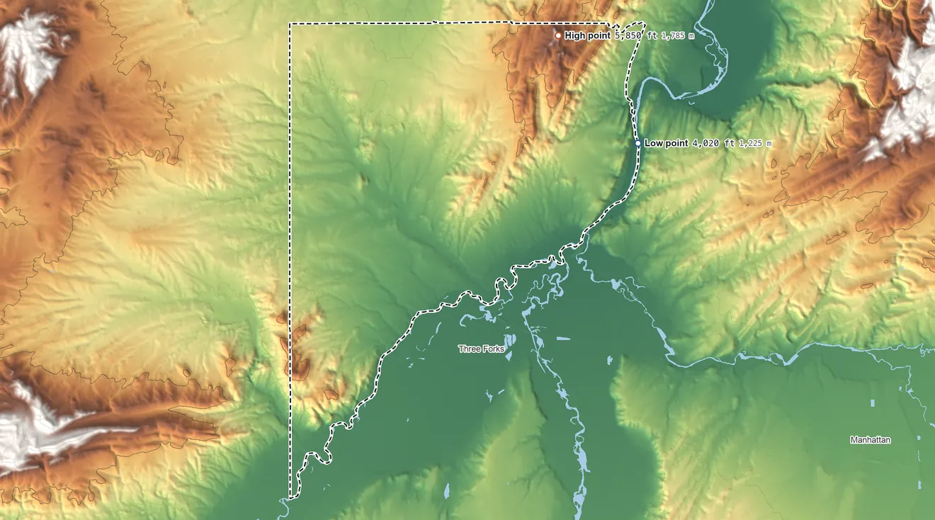 Topographic elevation map of Wheatland, Montana, shaded from 4,020 ft on the east side to 5,850 ft on the northeast side