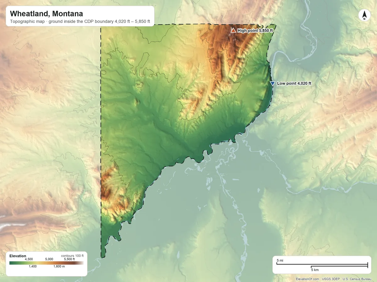 Topographic elevation map of Wheatland, Montana, shaded from 4,020 ft on the east side to 5,850 ft on the northeast side