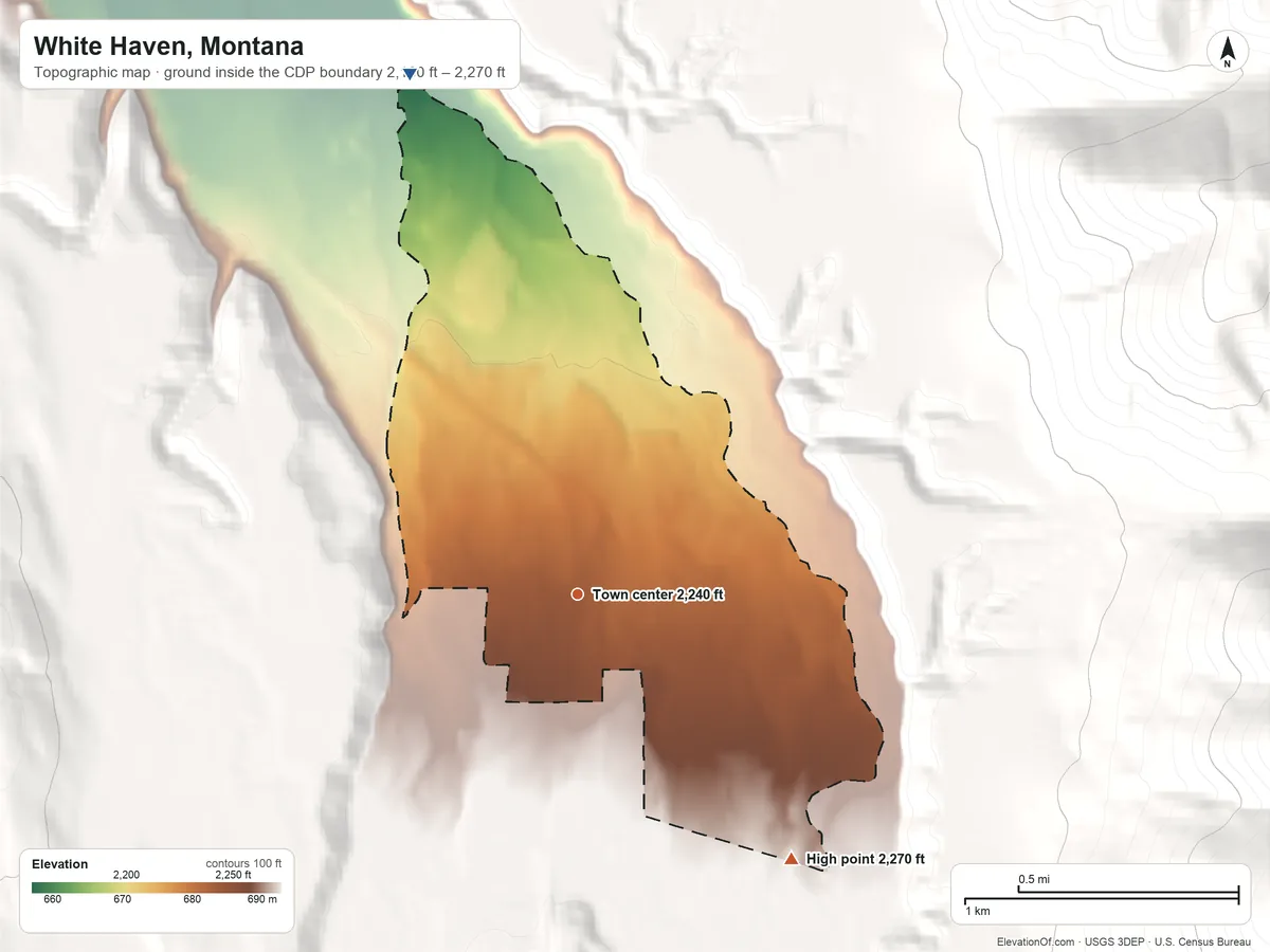 Topographic elevation map of White Haven, Montana, shaded from 2,160 ft on the north side to 2,270 ft at the foot of the Cabinet Mountains