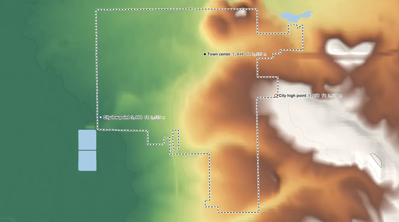 Topographic elevation map of White Sulphur Springs, Montana, shaded from 5,000 ft on the southwest side to 5,150 ft on the southeast side