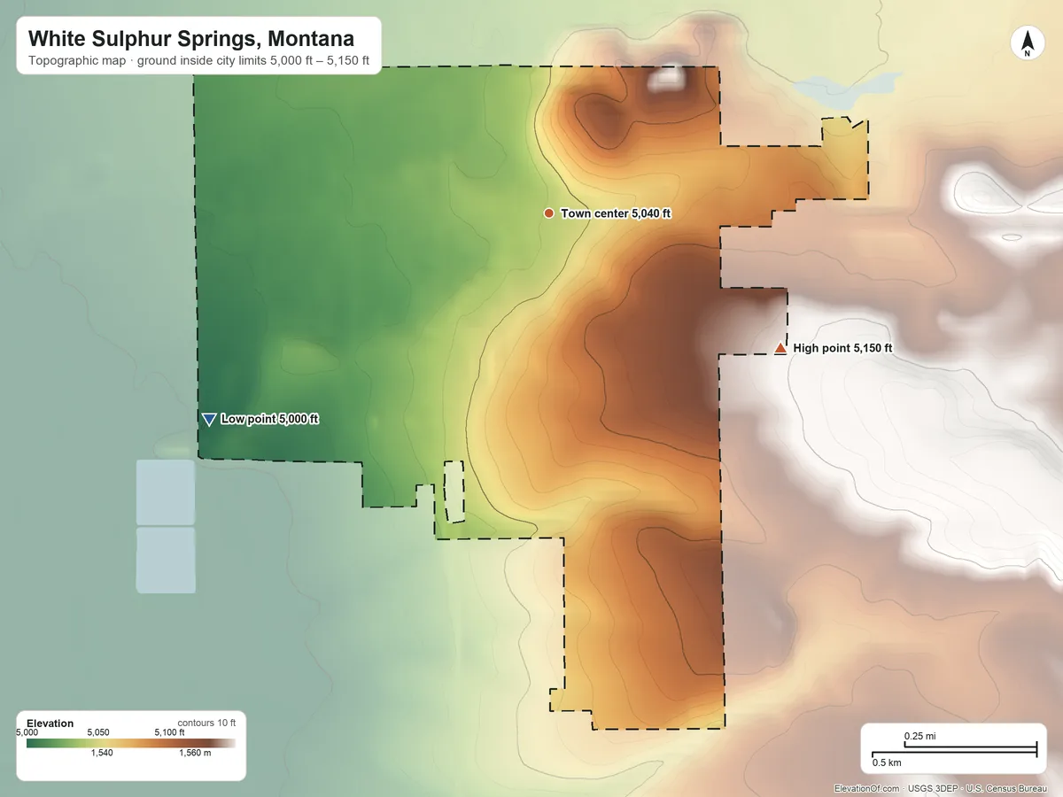 Topographic elevation map of White Sulphur Springs, Montana, shaded from 5,000 ft on the southwest side to 5,150 ft on the southeast side