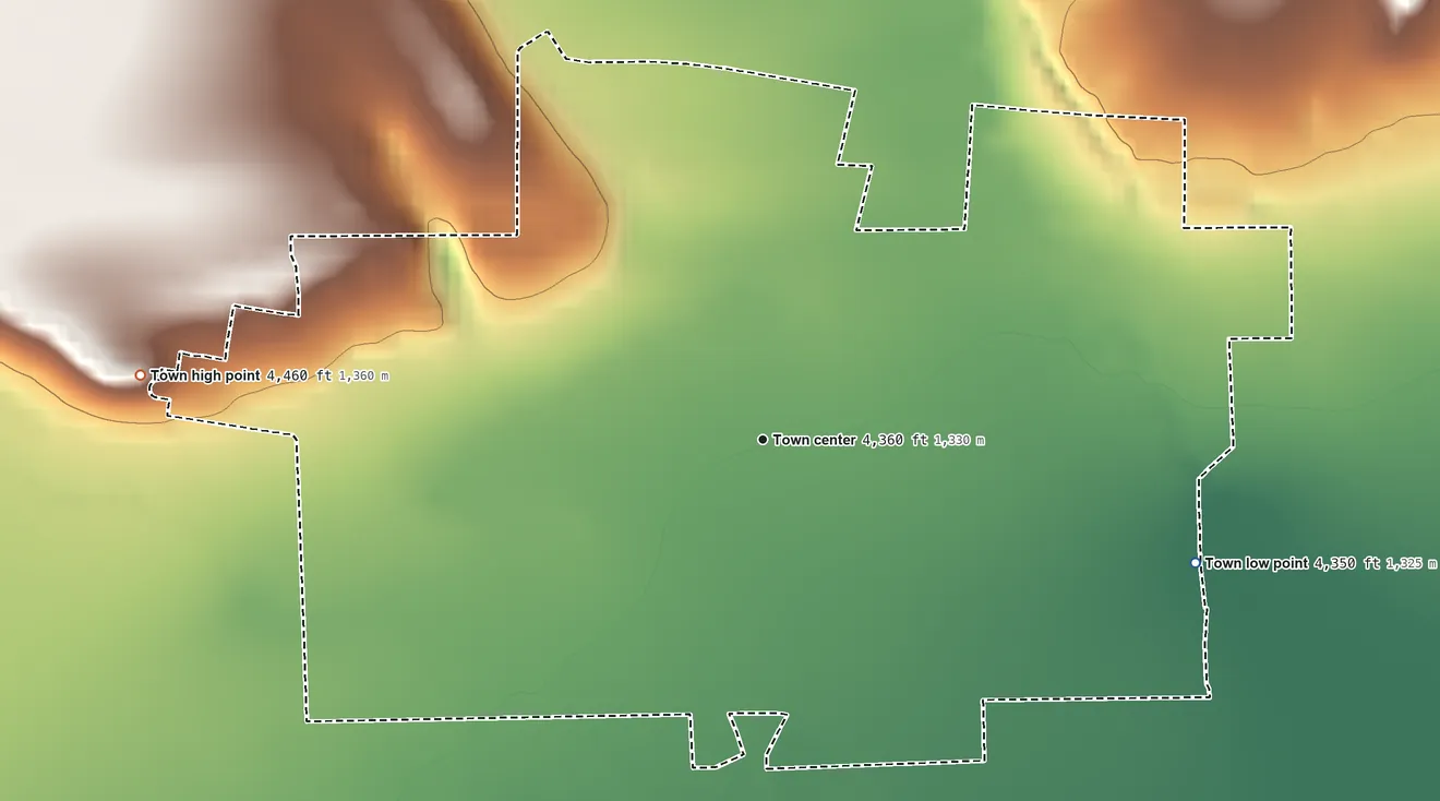 Topographic elevation map of Whitehall, Montana, shaded from 4,350 ft on the east side to 4,460 ft on the west side