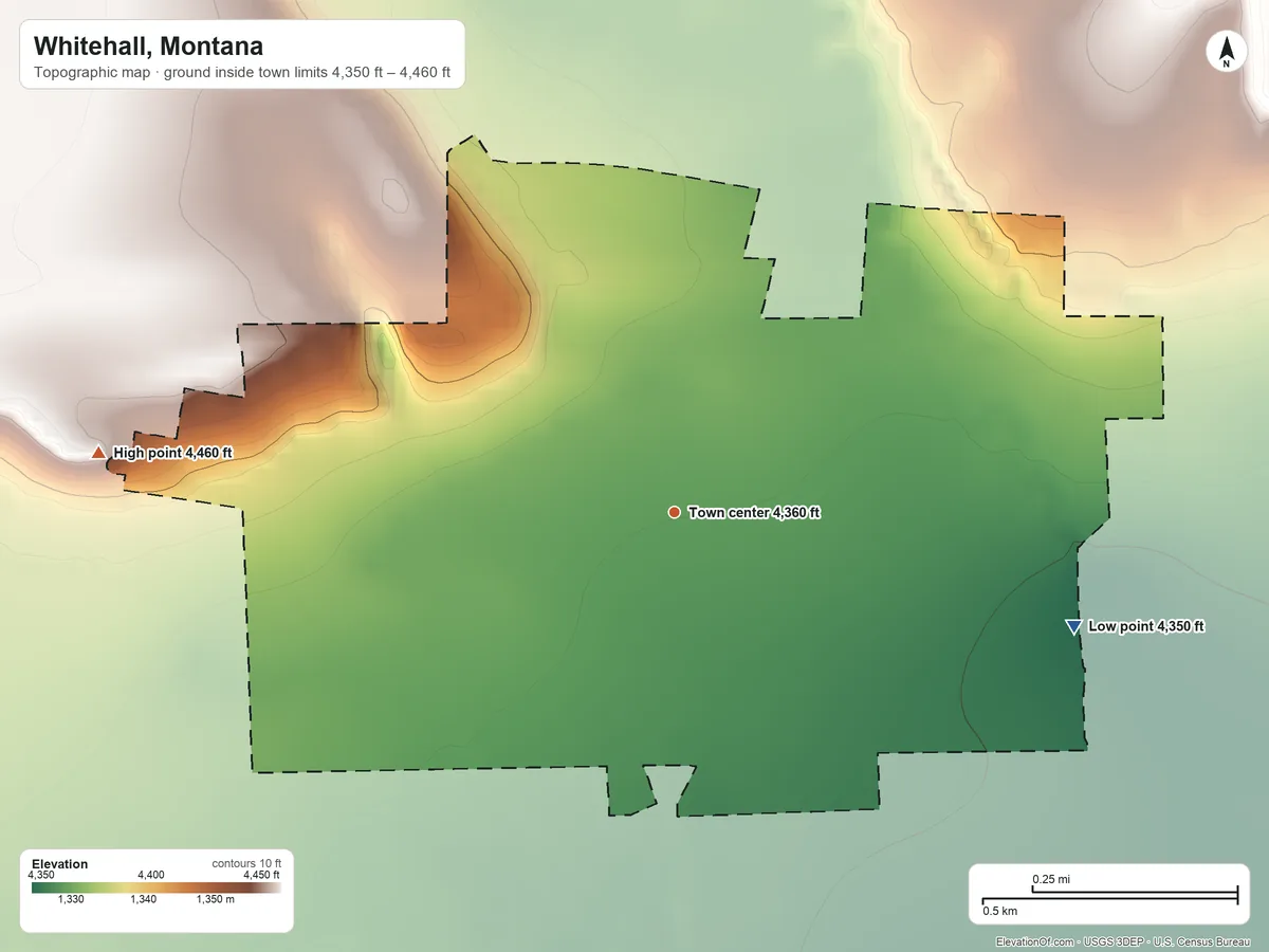 Topographic elevation map of Whitehall, Montana, shaded from 4,350 ft on the east side to 4,460 ft on the west side