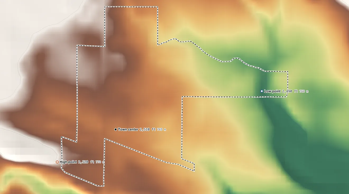 Topographic elevation map of Whitetail, Montana, shaded from 2,490 ft on the east side to 2,520 ft on the southwest side