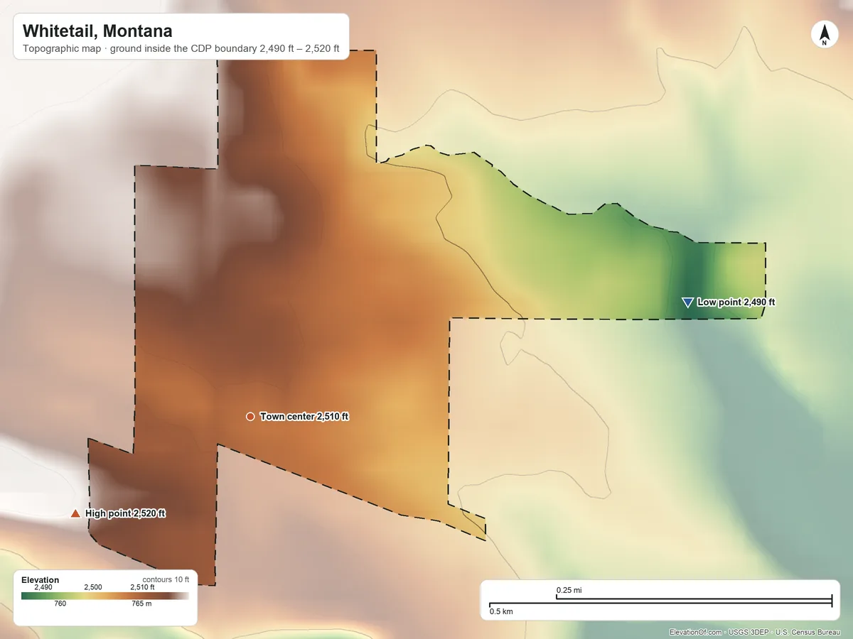 Topographic elevation map of Whitetail, Montana, shaded from 2,490 ft on the east side to 2,520 ft on the southwest side