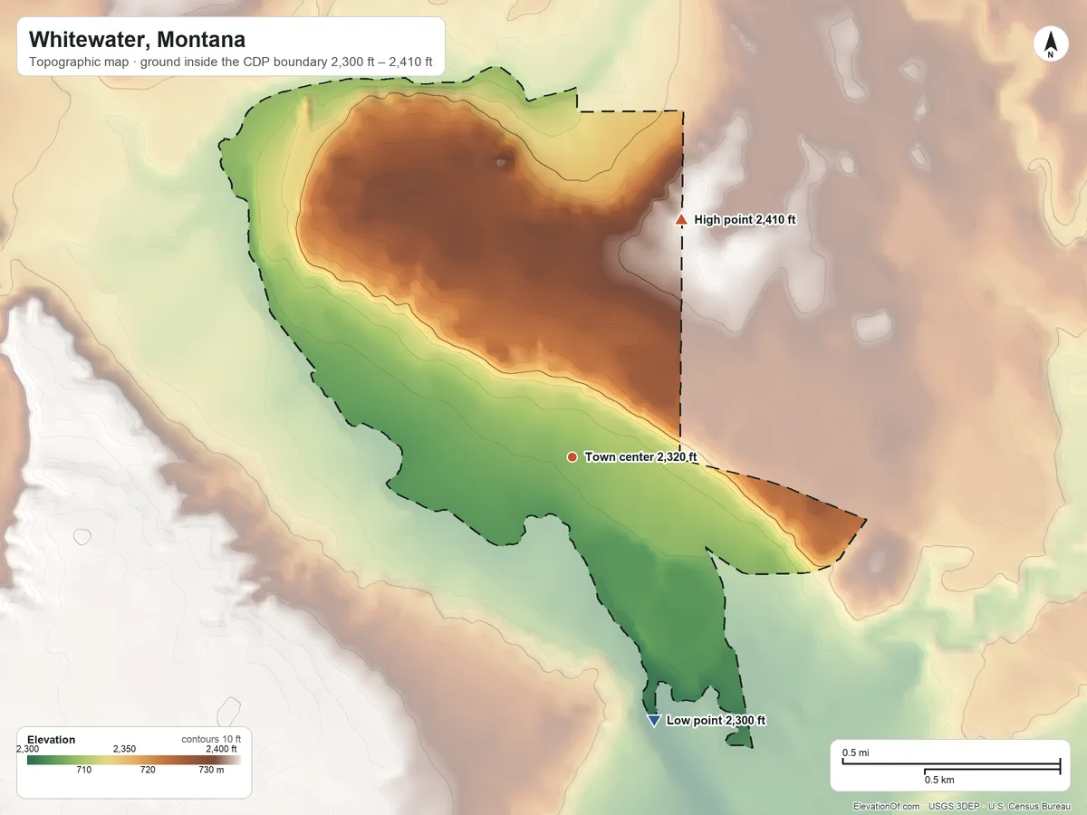 Topographic elevation map of Whitewater, Montana, shaded from 2,300 ft on the south side to 2,410 ft on the northeast side