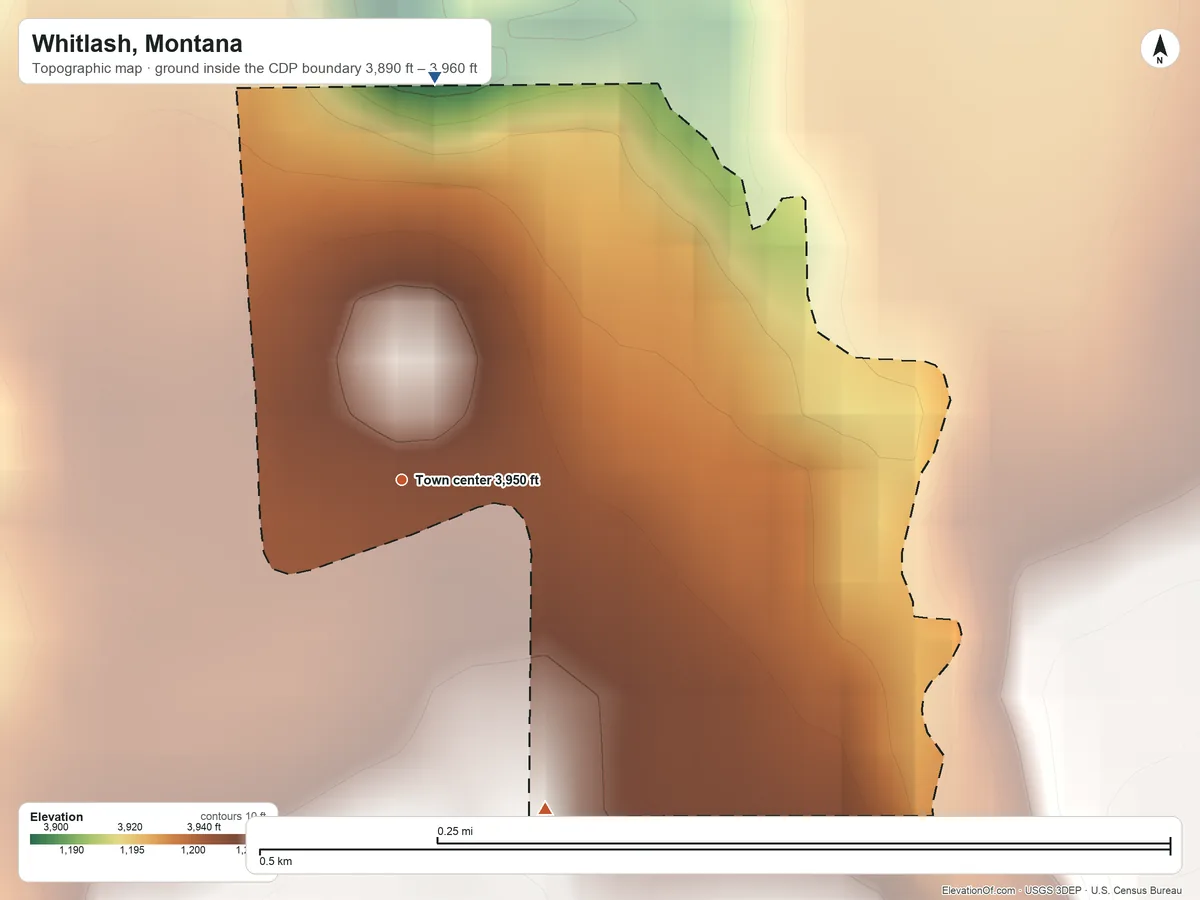 Topographic elevation map of Whitlash, Montana, shaded from 3,890 ft on the north side to 3,960 ft at the foot of the Sweet Grass Hills