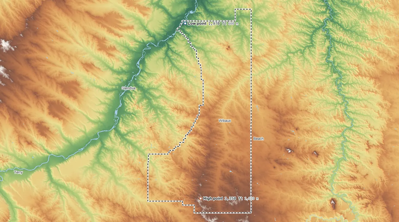 Topographic elevation map of Wibaux County, Montana, shaded from 1,970 ft on the north side to 3,350 ft on the south side