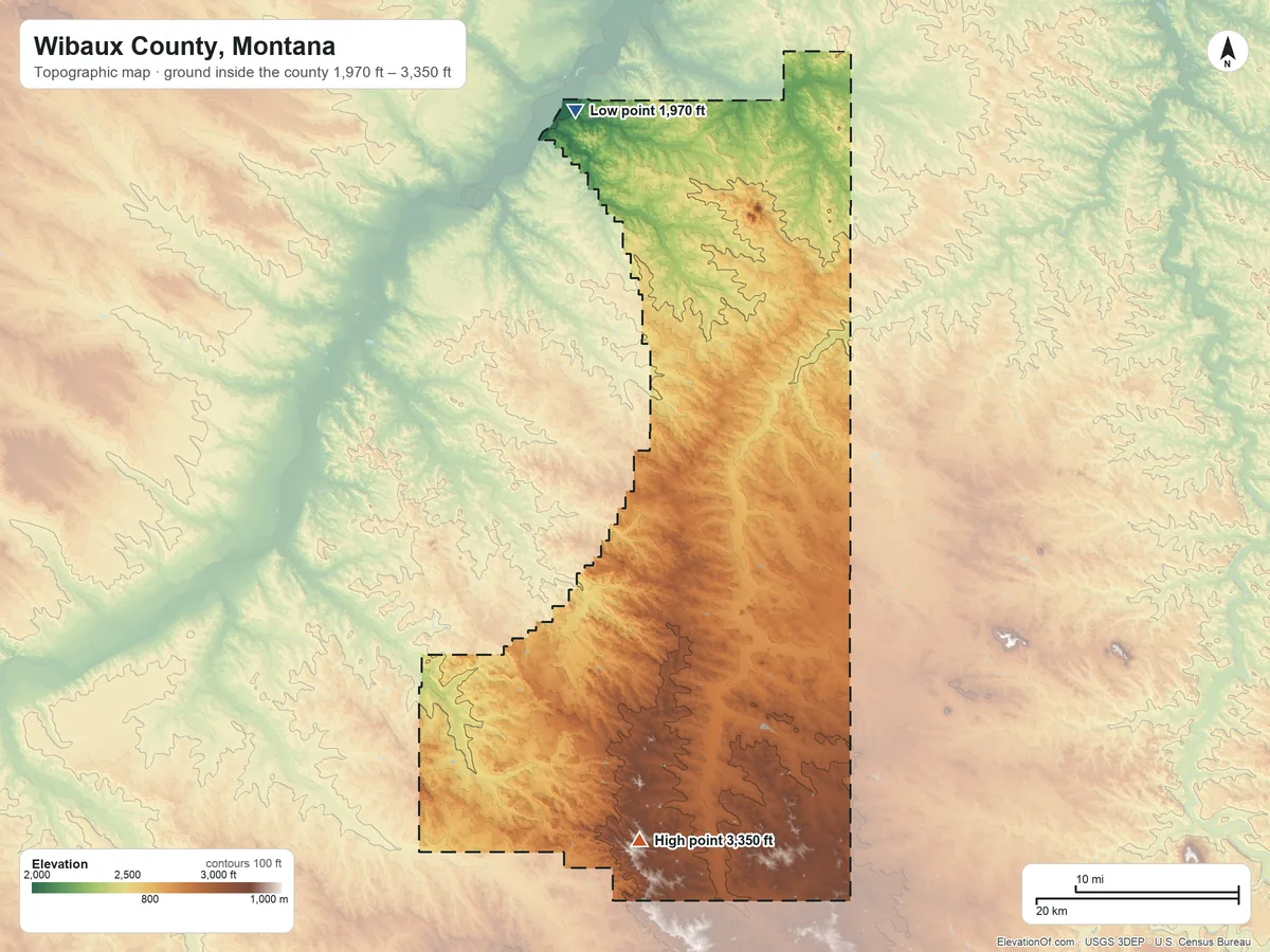 Topographic elevation map of Wibaux County, Montana, shaded from 1,970 ft on the north side to 3,350 ft on the south side