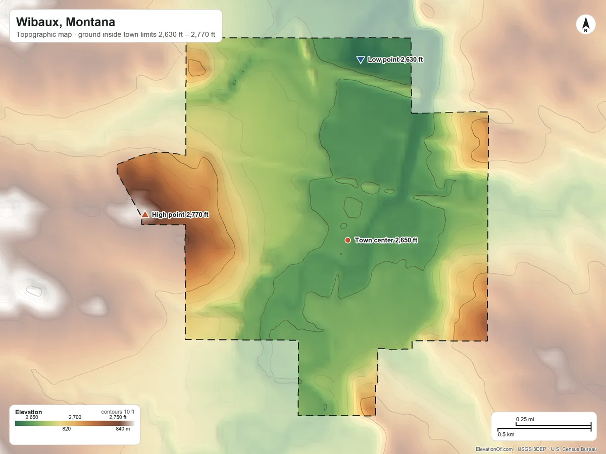Topographic elevation map of Wibaux, Montana, shaded from 2,630 ft on the north side to 2,770 ft on the west side