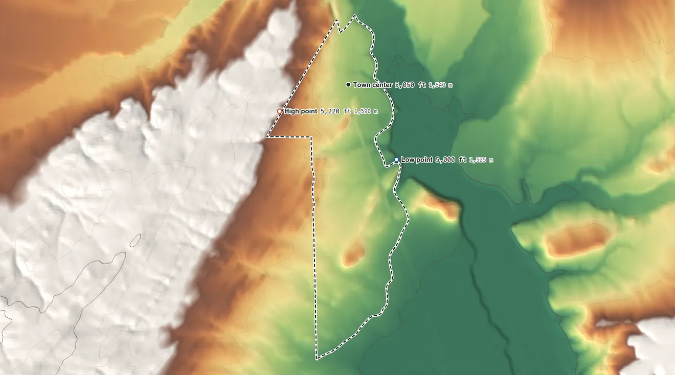 Topographic elevation map of Wilsall, Montana, shaded from 5,000 ft on the southeast side to 5,220 ft at the foot of the Kavanaugh Hills