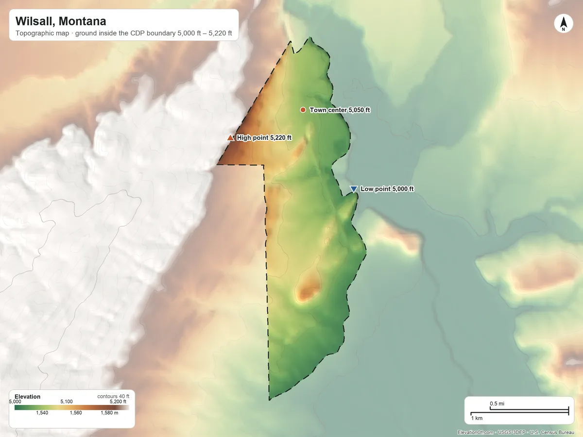 Topographic elevation map of Wilsall, Montana, shaded from 5,000 ft on the southeast side to 5,220 ft at the foot of the Kavanaugh Hills