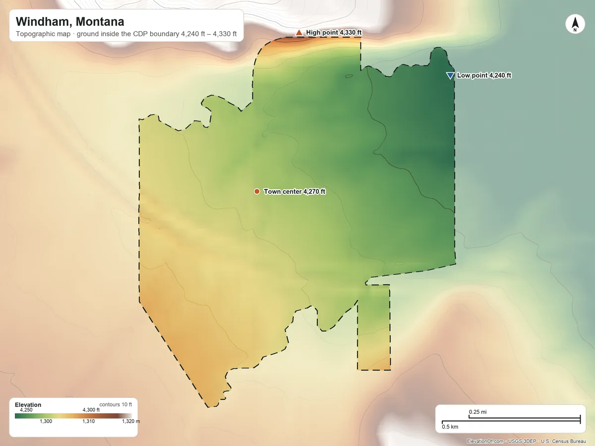 Topographic elevation map of Windham, Montana, shaded from 4,240 ft on the northeast side to 4,330 ft on the north side