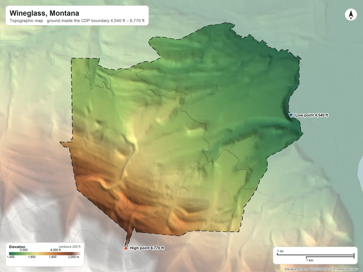 Topographic elevation map of Wineglass, Montana, shaded from 4,540 ft on the east side to 6,770 ft on the southwest edge, below higher ground just outside