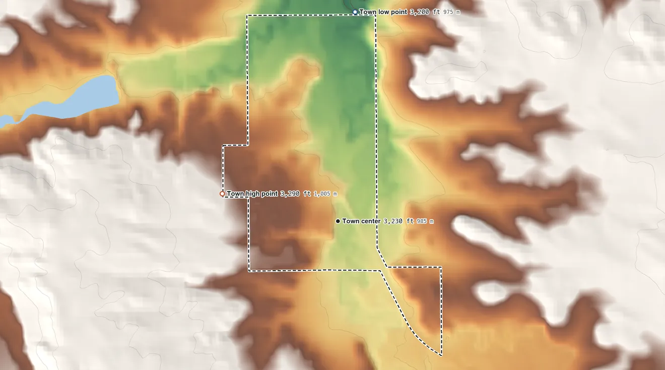 Topographic elevation map of Winifred, Montana, shaded from 3,200 ft on the north side to 3,290 ft on the west side