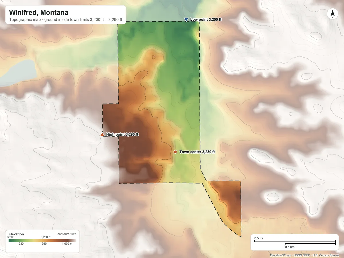 Topographic elevation map of Winifred, Montana, shaded from 3,200 ft on the north side to 3,290 ft on the west side