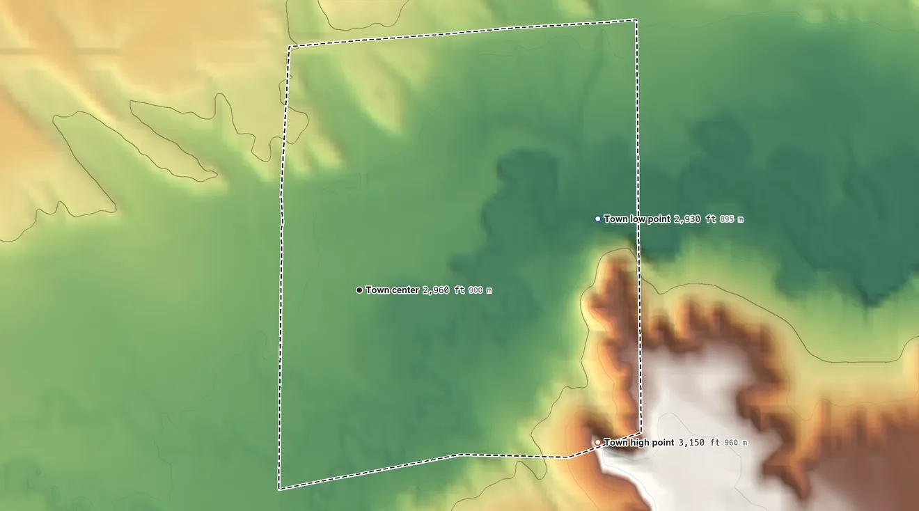 Topographic elevation map of Winnett, Montana, shaded from 2,930 ft on the east side to 3,150 ft on the southeast side