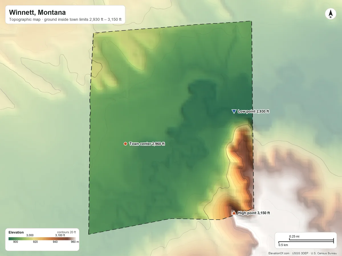 Topographic elevation map of Winnett, Montana, shaded from 2,930 ft on the east side to 3,150 ft on the southeast side