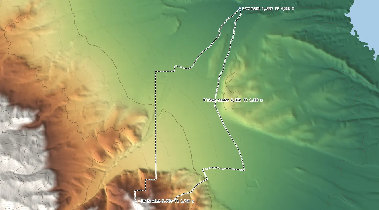 Topographic elevation map of Winston, Montana, shaded from 4,020 ft on the north side to 5,780 ft at the foot of the Elkhorn Mountains