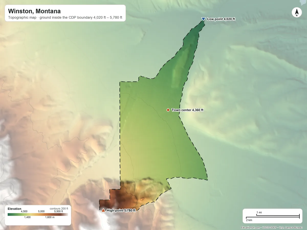 Topographic elevation map of Winston, Montana, shaded from 4,020 ft on the north side to 5,780 ft at the foot of the Elkhorn Mountains