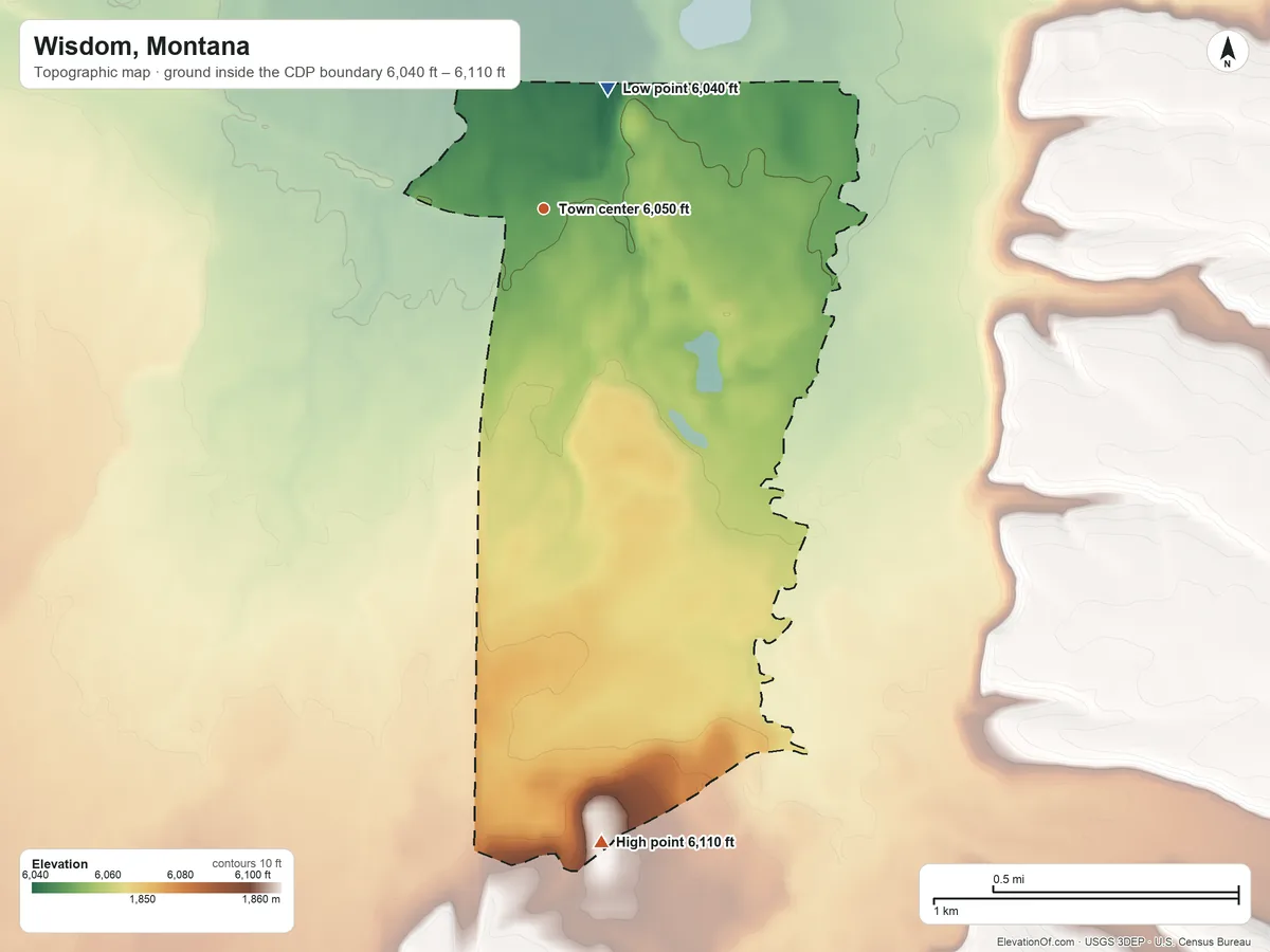 Topographic elevation map of Wisdom, Montana, shaded from 6,040 ft on the northeast side to 6,110 ft on the south side
