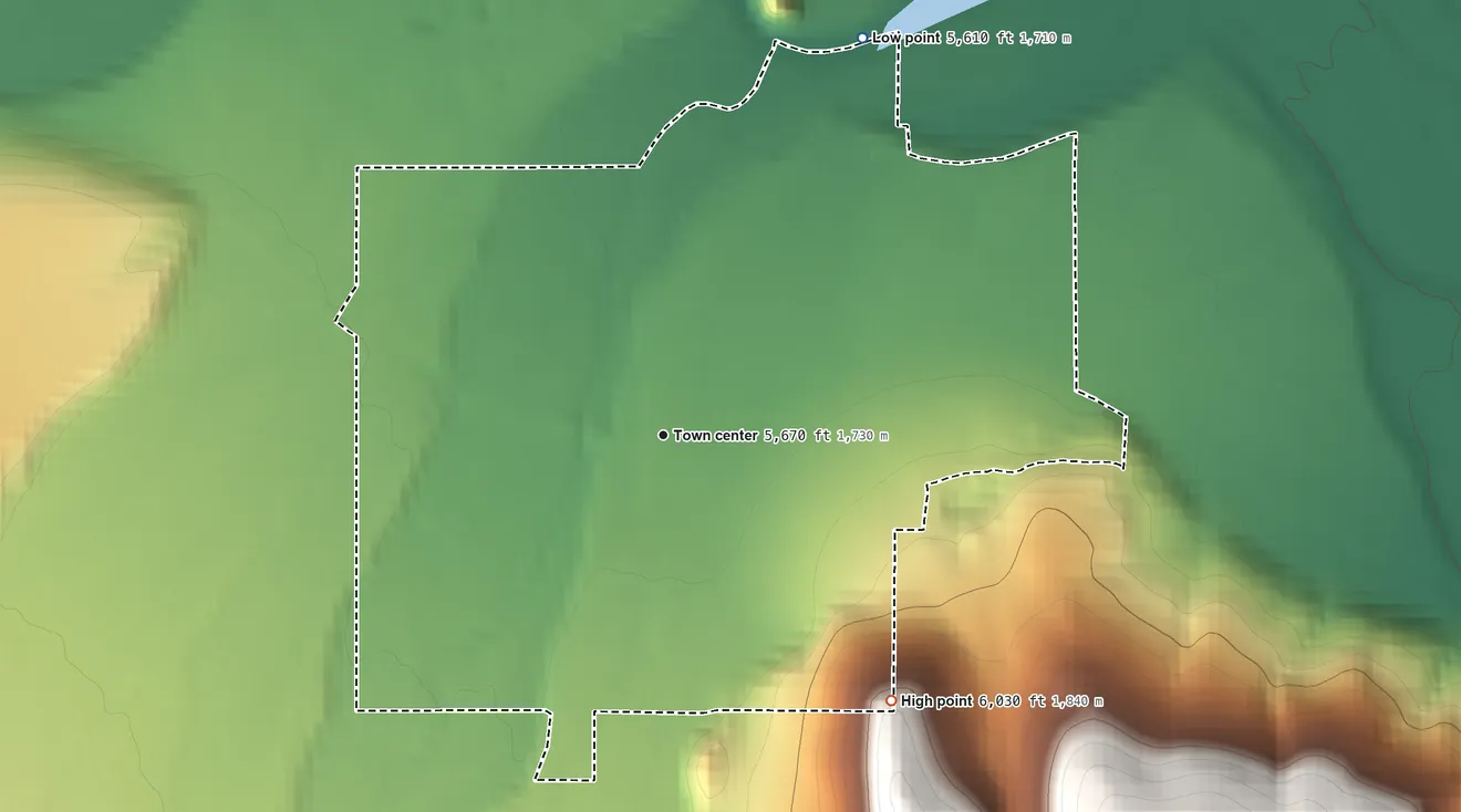 Topographic elevation map of Wise River, Montana, shaded from 5,610 ft on the northeast side to 6,030 ft at the foot of the Dickie Hills