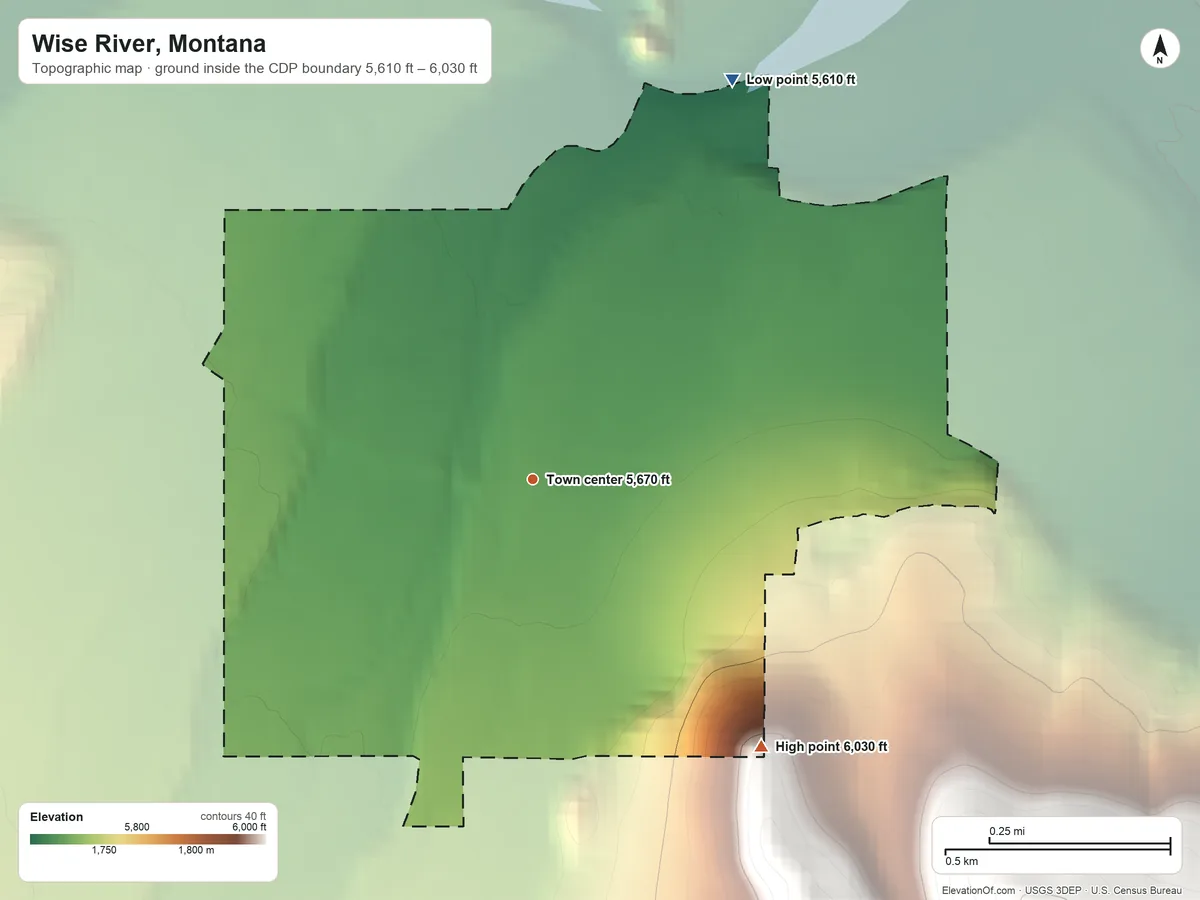 Topographic elevation map of Wise River, Montana, shaded from 5,610 ft on the northeast side to 6,030 ft at the foot of the Dickie Hills