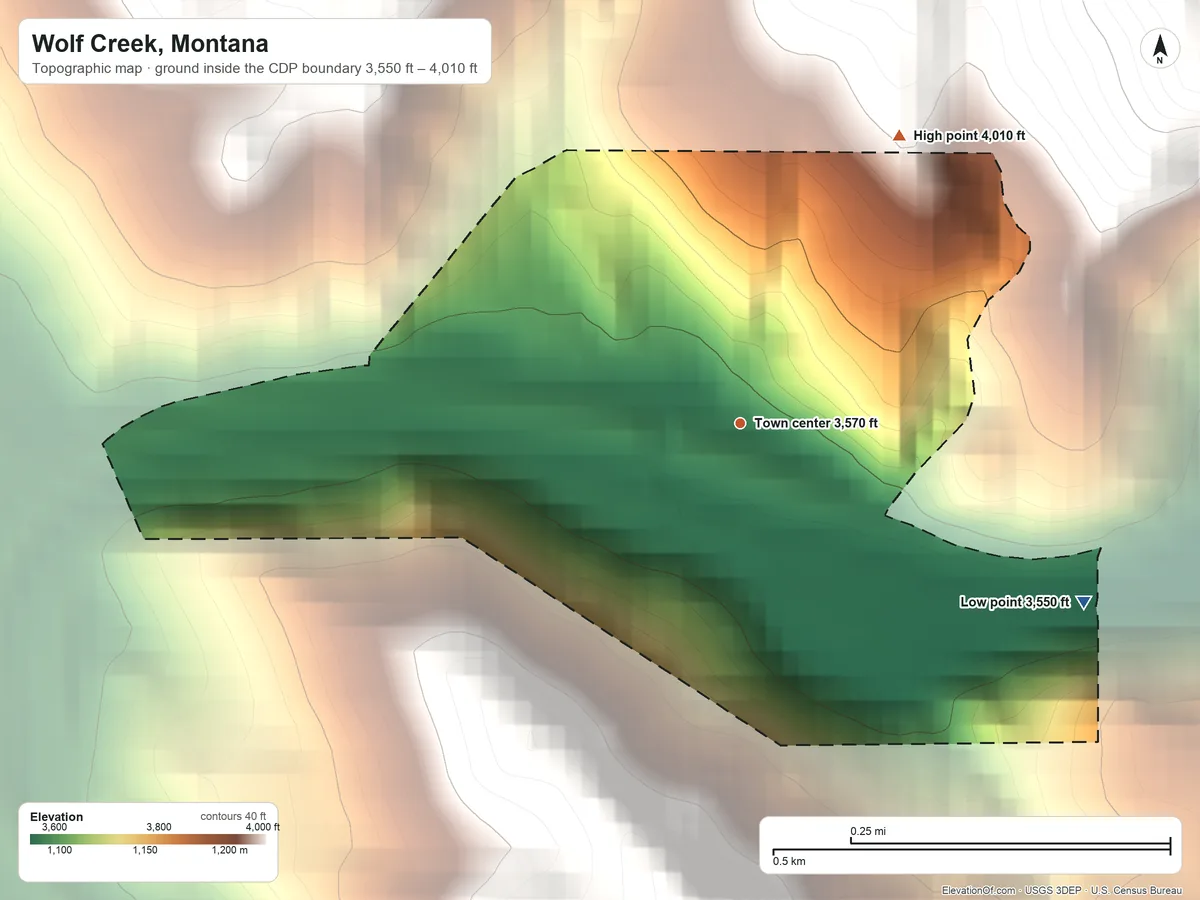 Topographic elevation map of Wolf Creek, Montana, shaded from 3,550 ft on the southeast side to 4,010 ft on the northeast edge, below higher ground just outside