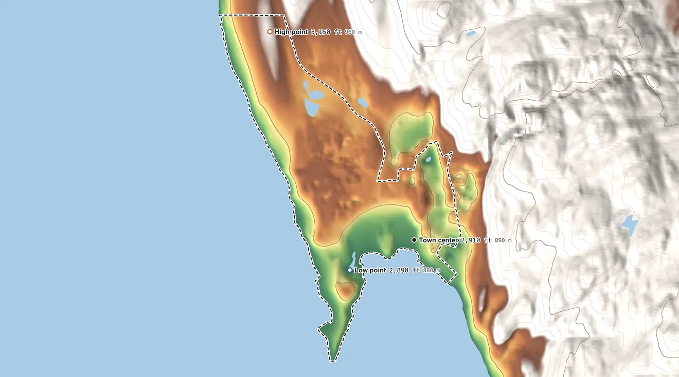 Topographic elevation map of Woods Bay, Montana, shaded from 2,890 ft on the southwest side to 3,150 ft on the northwest edge, below higher ground just outside