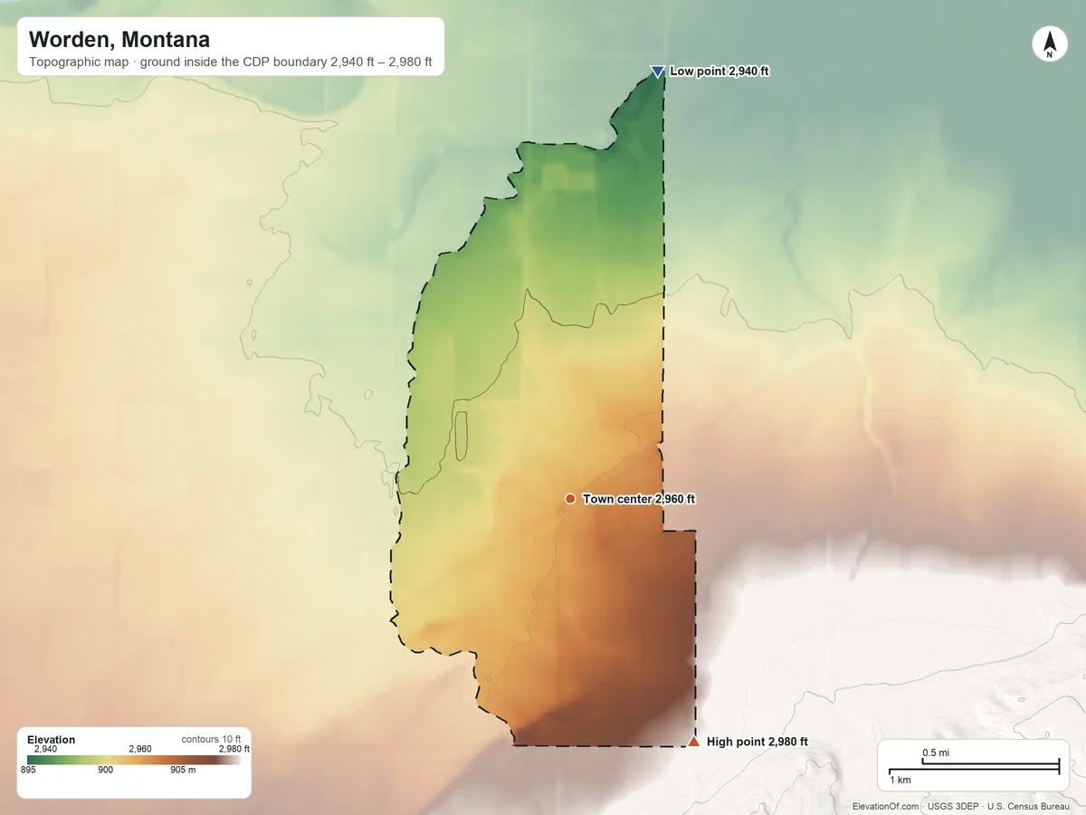 Topographic elevation map of Worden, Montana, shaded from 2,940 ft on the north side to 2,980 ft on the southeast side
