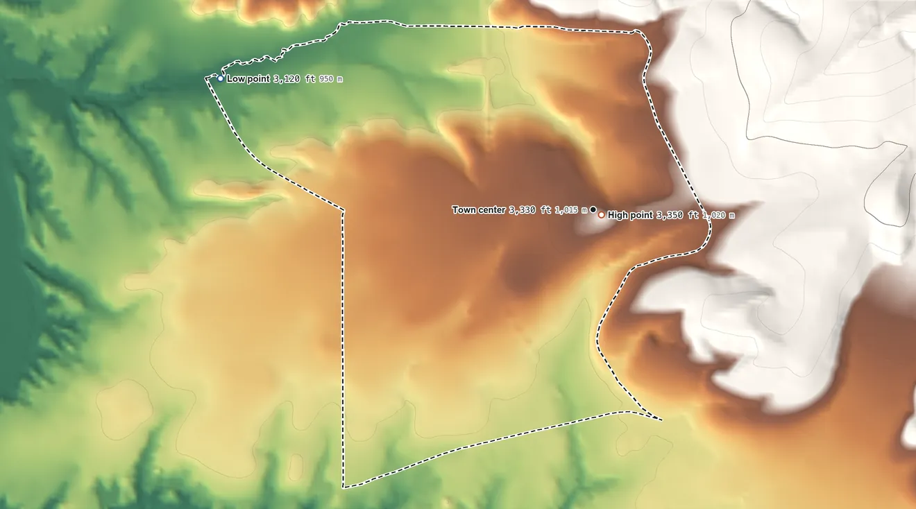 Topographic elevation map of Wye, Montana, shaded from 3,120 ft on the west side to 3,350 ft at the foot of the North Hills