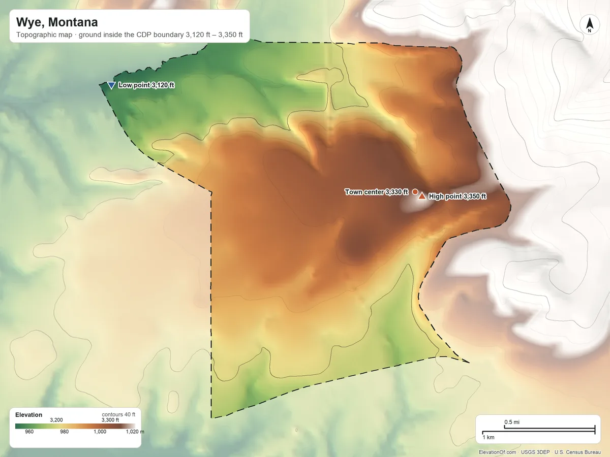 Topographic elevation map of Wye, Montana, shaded from 3,120 ft on the west side to 3,350 ft at the foot of the North Hills