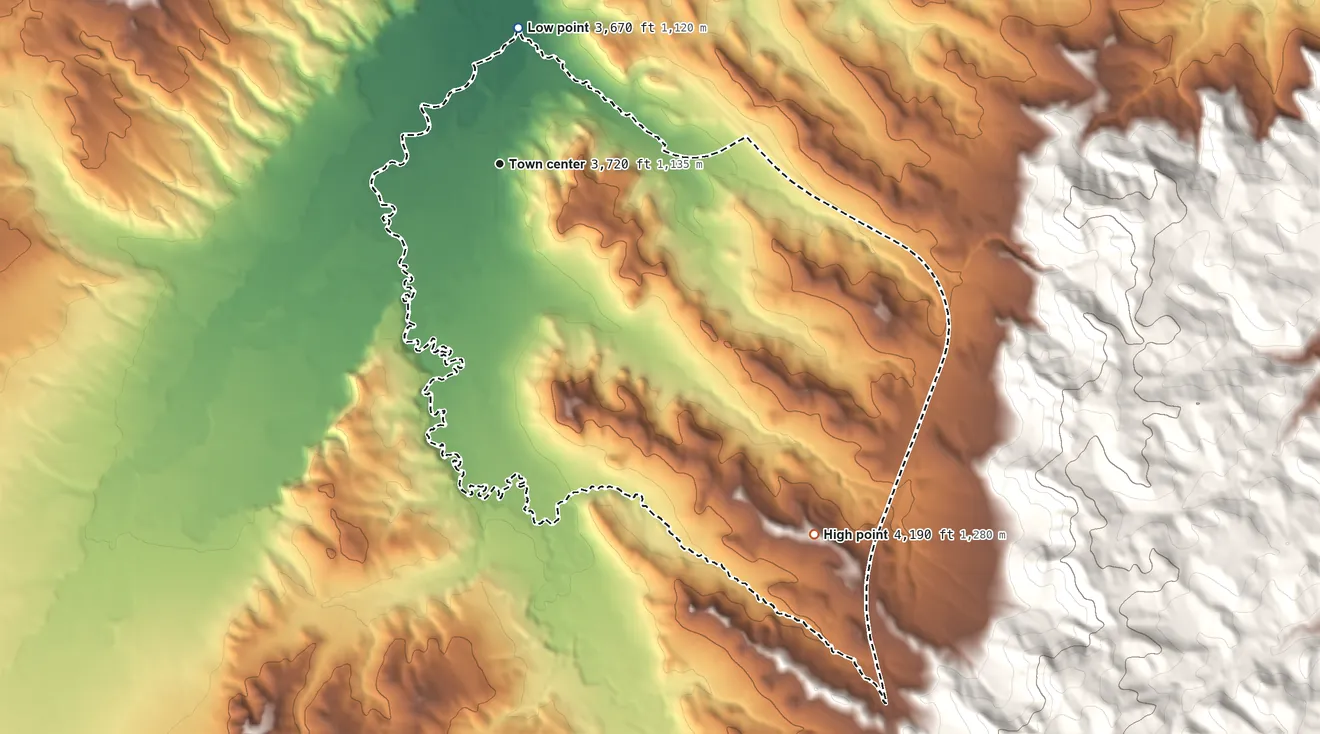Topographic elevation map of Wyola, Montana, shaded from 3,670 ft on the north side to 4,190 ft at the foot of the Wolf Mountains