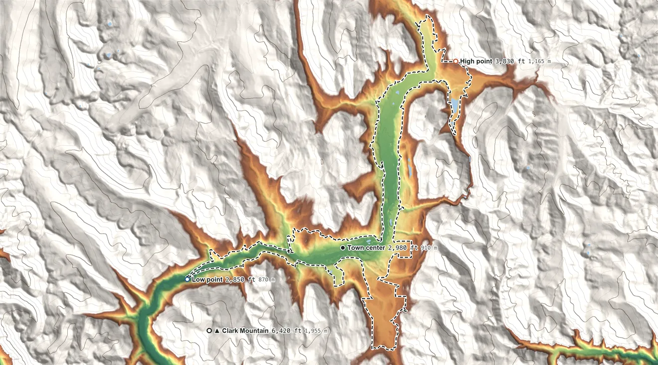Topographic elevation map of Yaak, Montana, shaded from 2,850 ft on the west side to 3,830 ft on the northeast edge, below higher ground just outside