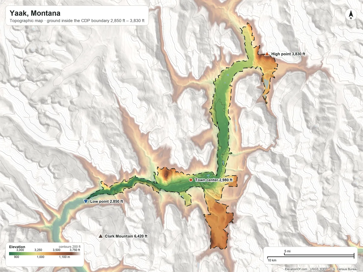 Topographic elevation map of Yaak, Montana, shaded from 2,850 ft on the west side to 3,830 ft on the northeast edge, below higher ground just outside