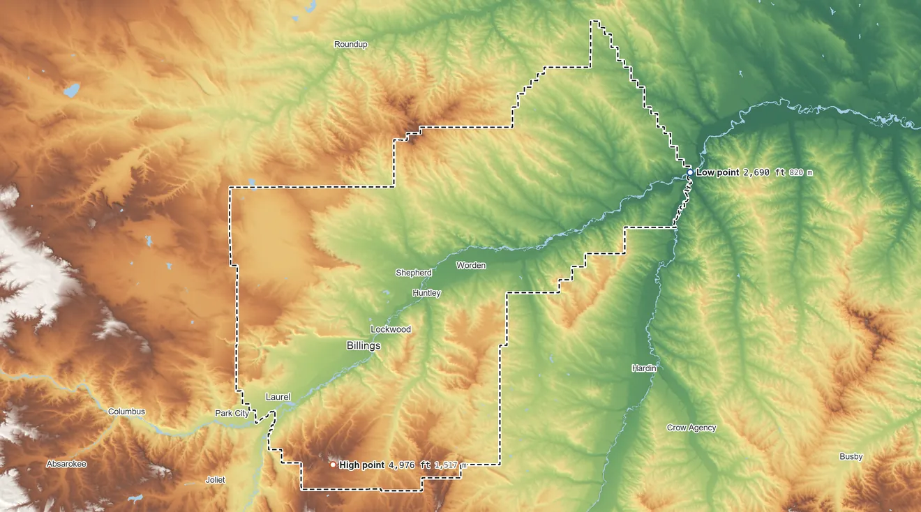 Topographic elevation map of Yellowstone County, Montana, shaded from 2,690 ft on the east side to 4,976 ft on Stratford Hill