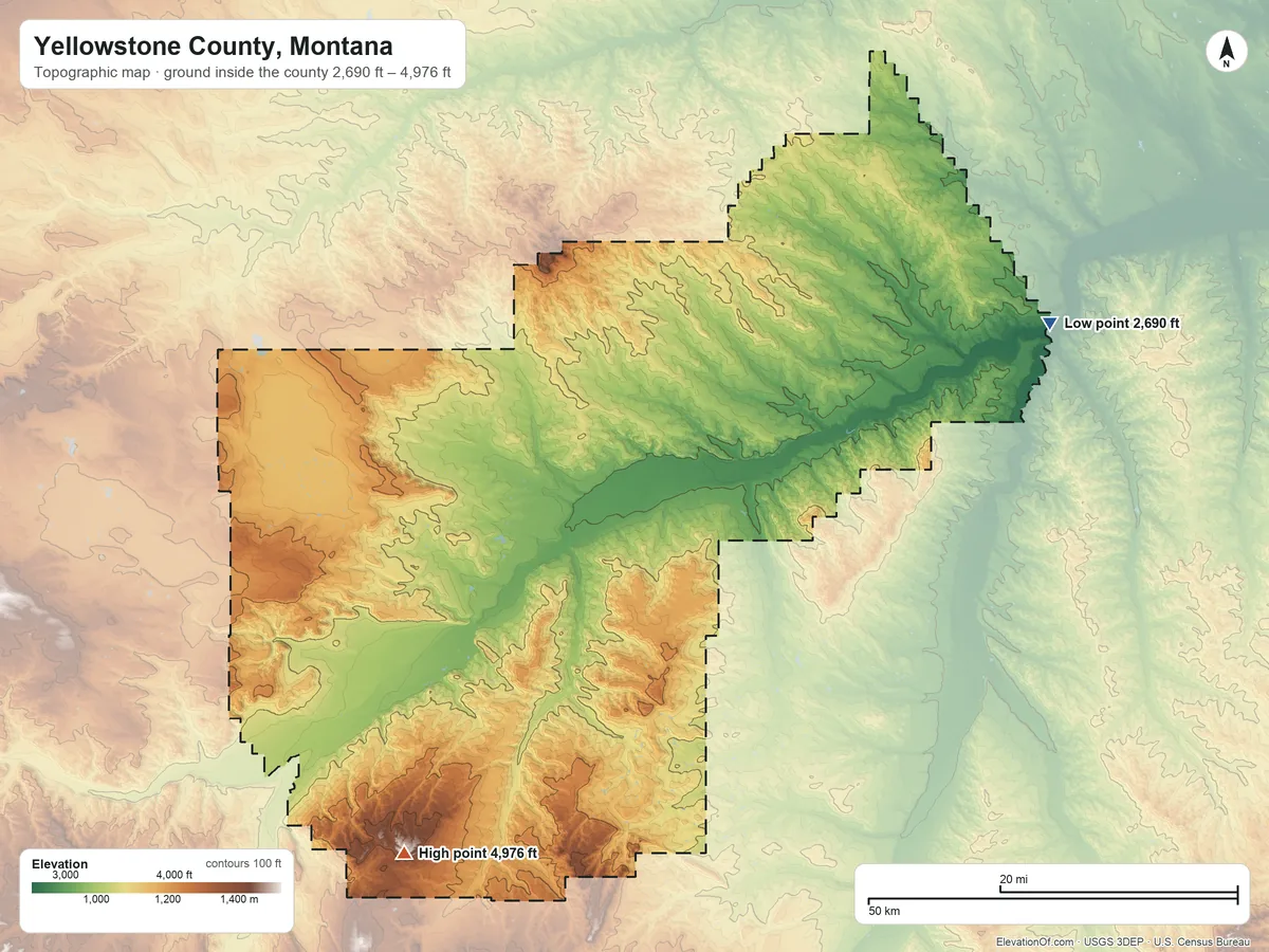 Topographic elevation map of Yellowstone County, Montana, shaded from 2,690 ft on the east side to 4,976 ft on Stratford Hill