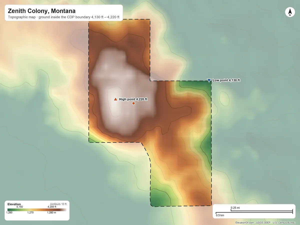 Topographic elevation map of Zenith Colony, Montana, shaded from 4,130 ft on the east side to 4,220 ft near the middle