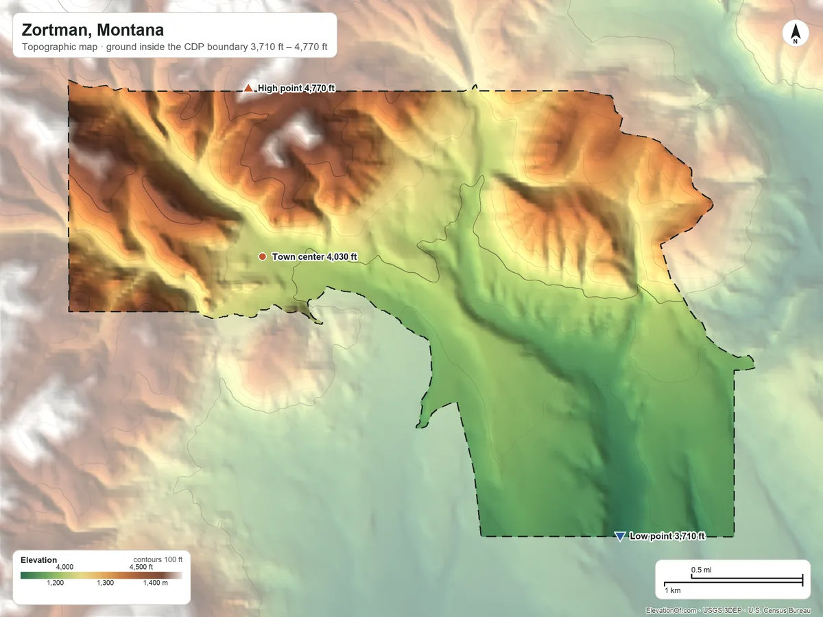 Topographic elevation map of Zortman, Montana, shaded from 3,710 ft on the southeast side to 4,770 ft at the foot of the Little Rocky Mountains