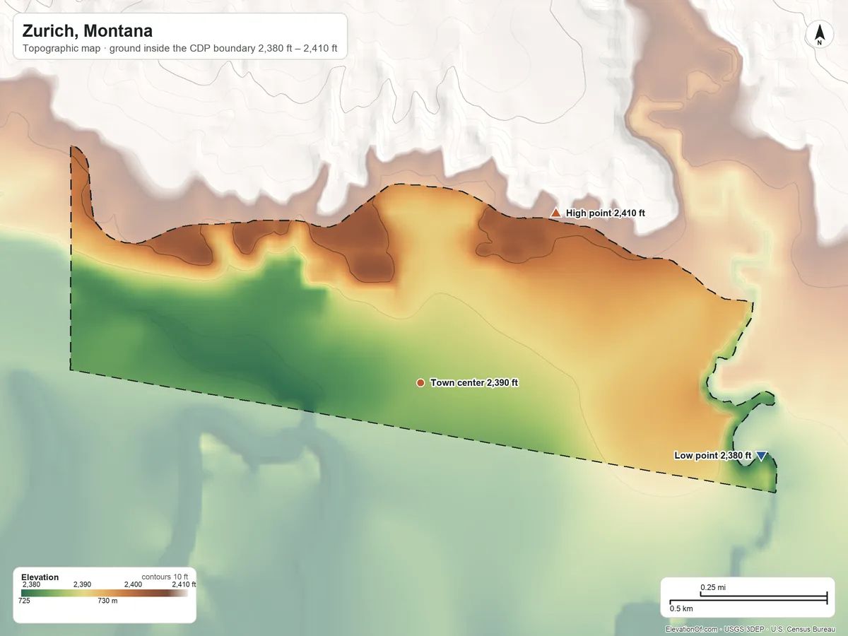 Topographic elevation map of Zurich, Montana, shaded from 2,380 ft on the east side to 2,410 ft on the northeast side