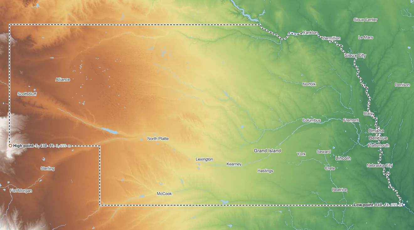 Topographic elevation map of Nebraska, shaded from 840 ft on the southeast side to 5,430 ft on Panorama Point