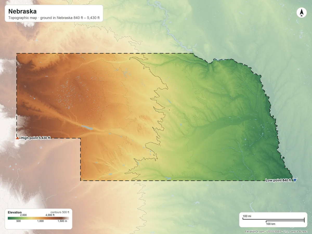 Topographic elevation map of Nebraska, shaded from 840 ft on the southeast side to 5,430 ft on Panorama Point