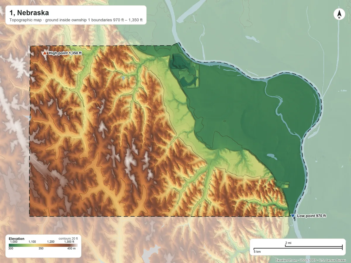 Topographic elevation map of 1, Nebraska, shaded from 970 ft on the southeast side to 1,350 ft on the northwest side