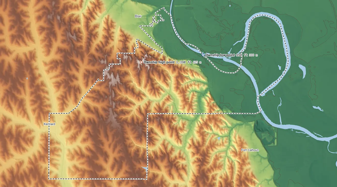 Topographic elevation map of 2, Nebraska, shaded from 990 ft on the northeast side to 1,390 ft on the north side