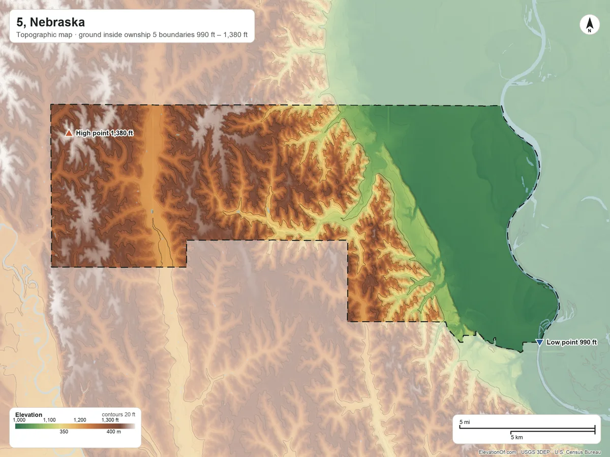 Topographic elevation map of 5, Nebraska, shaded from 990 ft on the southeast side to 1,380 ft on the west side