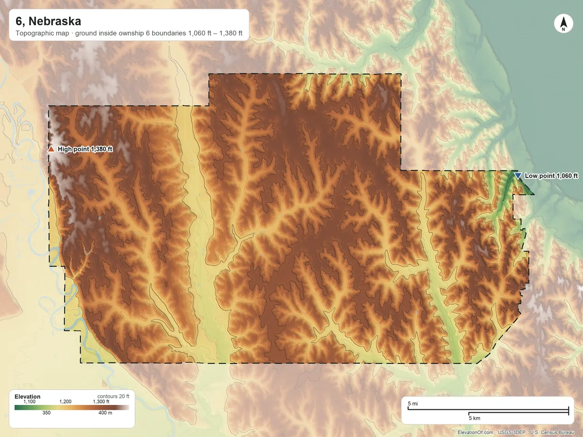 Topographic elevation map of 6, Nebraska, shaded from 1,060 ft on the east side to 1,380 ft on the northwest side
