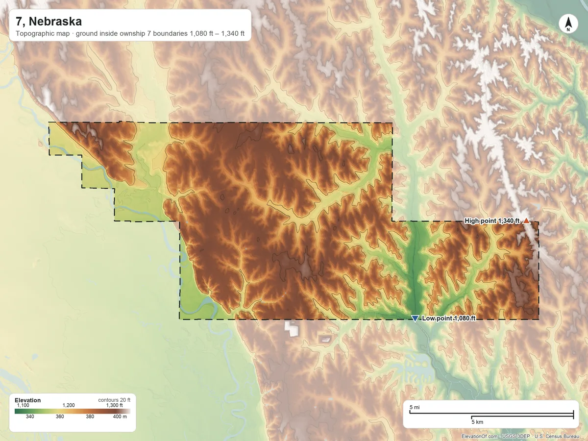 Topographic elevation map of 7, Nebraska, shaded from 1,080 ft on the southeast side to 1,340 ft on the east side