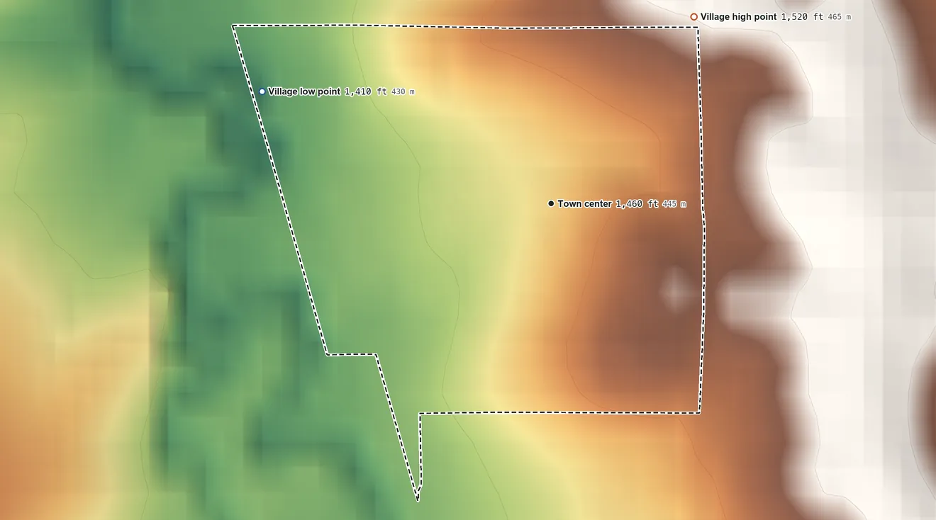 Topographic elevation map of Abie, Nebraska, shaded from 1,410 ft on the west side to 1,520 ft on the northeast side